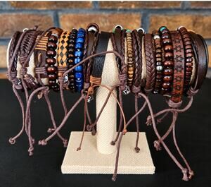 Collection of 18 Western Bracelets Leather, Beads, Steer Heads & More Adjustable